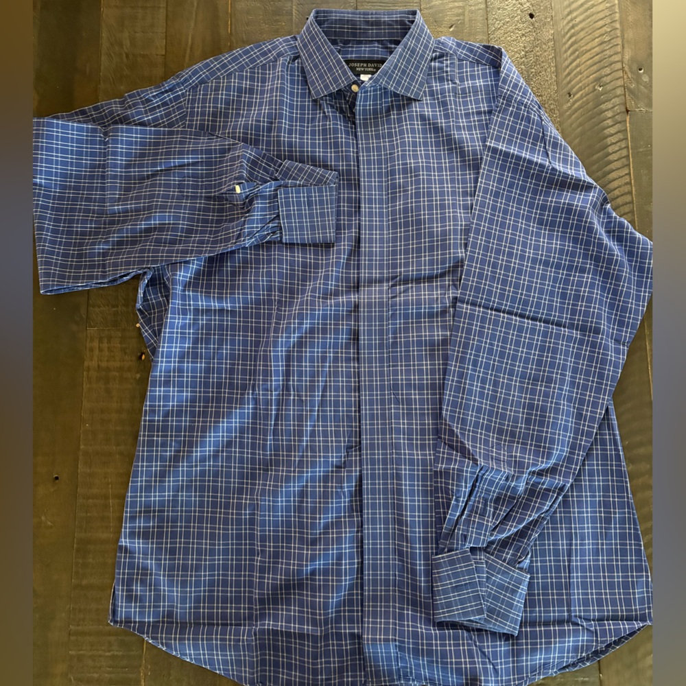 Men's Blue French Cuff Checkered Shirt